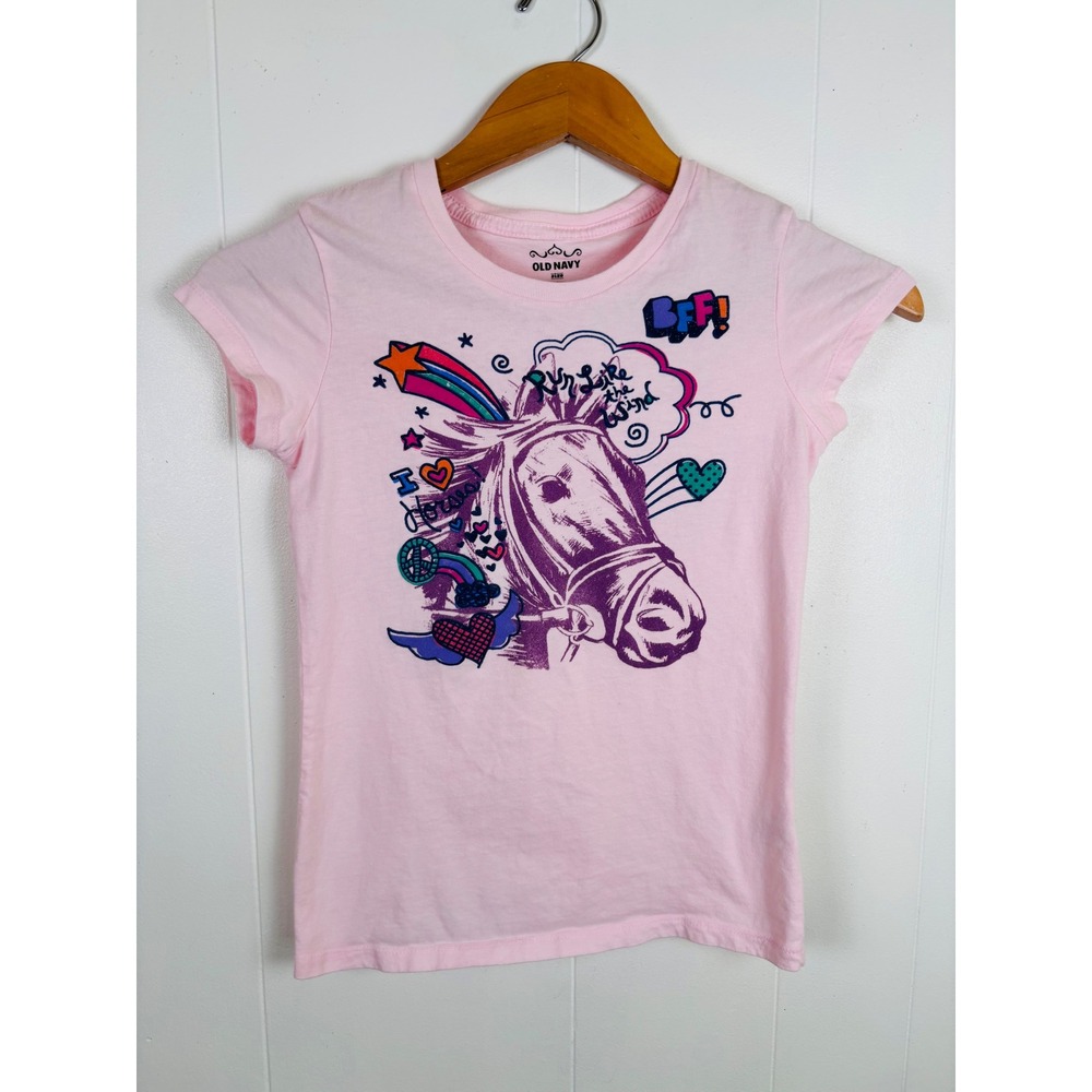 Vintage Y2K‎ Old Navy Kids Girls Pink Horse Graphic T Shirt Size Large (10-12)